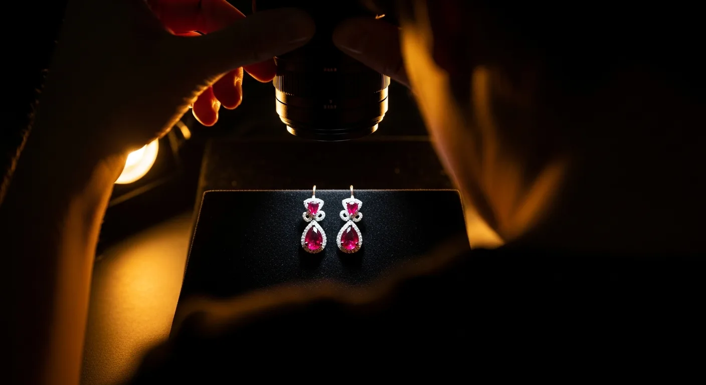 Gros plan sur une paire de boucles d'oreilles rubis sertie or